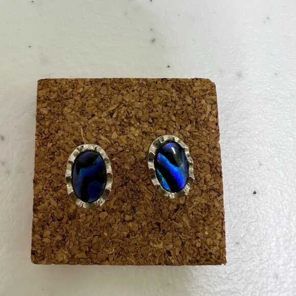 Blue Abalone Look Earrings Oval Small Stud Silver Tone‎ Textured Tiny Dainty Oil - Picture 1 of 7